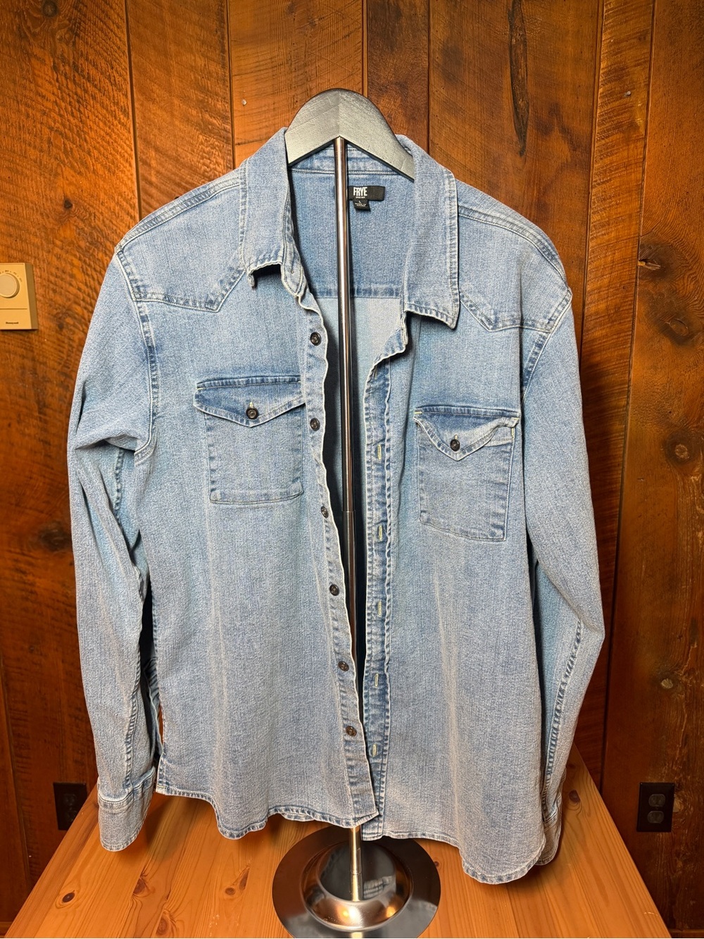 Frye Denim Western Shirt Mens L Light Wash Stretch Blue Cowboy
